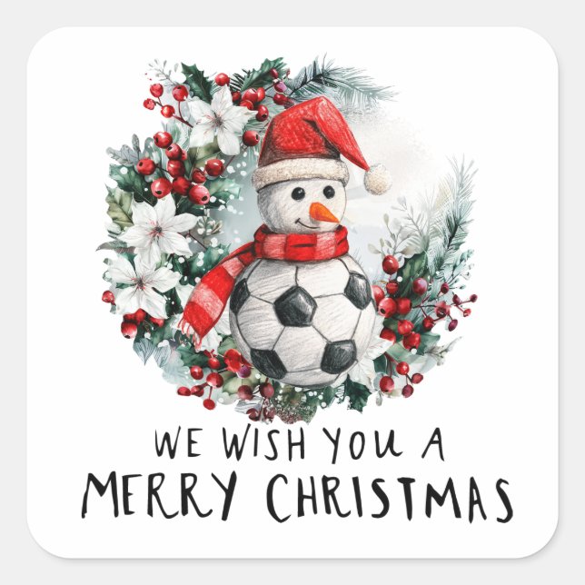 Soccer Christmas with Snowman  Square Sticker (Front)
