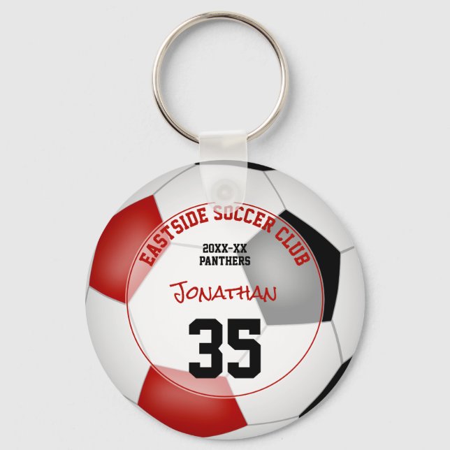 soccer club gift ideas boys girls name red black keychain (Front)