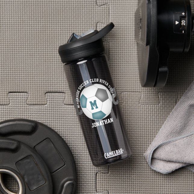 soccer club name with teal gray soccer ball water bottle (Gym)