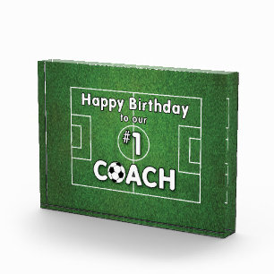 Soccer Coach Birthday with Grass Field and Ball Award