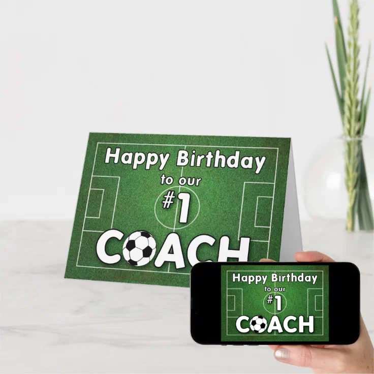 Soccer Coach Birthday with Grass Field and Ball Card | Zazzle