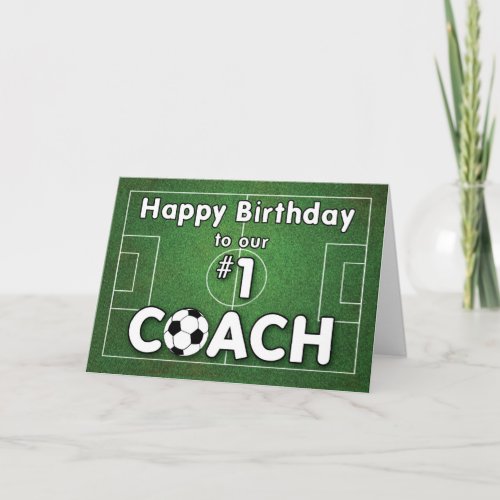 Soccer Coach Birthday with Grass Field and Ball Card