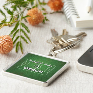 Soccer Coach Birthday with Grass Field and Ball Keychain