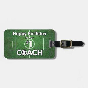 Soccer Coach Birthday with Grass Field and Ball Luggage Tag