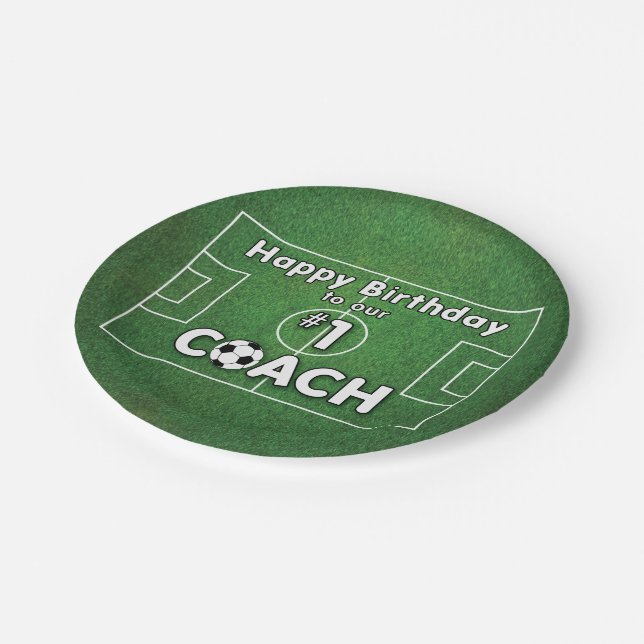 Soccer Coach Birthday with Grass Field and Ball Paper Plates (Angled)