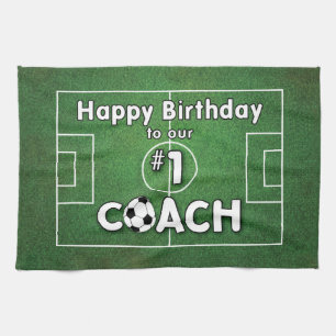 Soccer Coach Birthday with Grass Field and Ball Towel