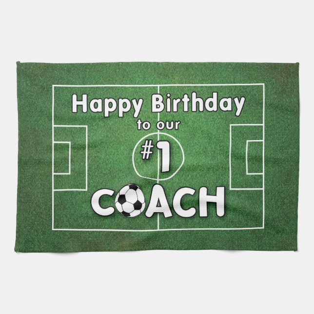 Soccer Coach Birthday with Grass Field and Ball Towel (Horizontal)