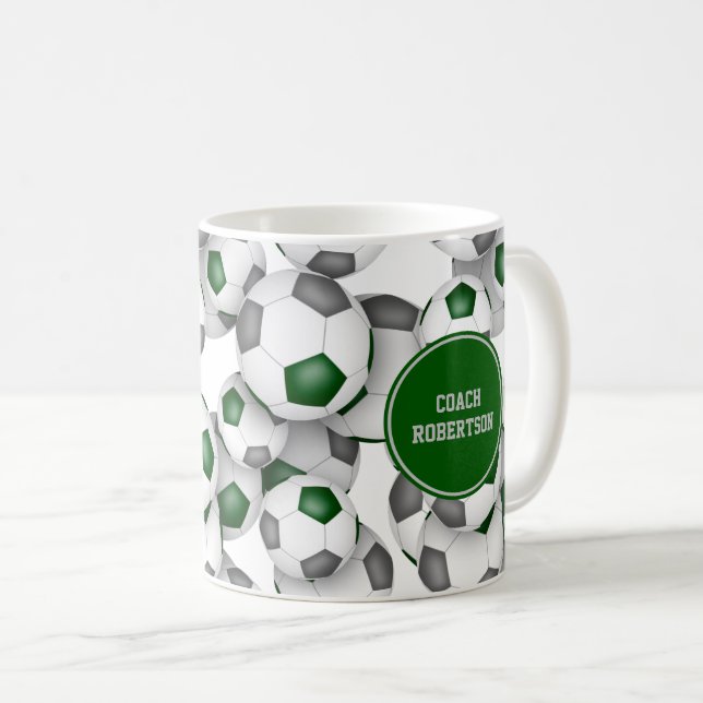 soccer coach gift w custom name green gray coffee mug (Front Right)