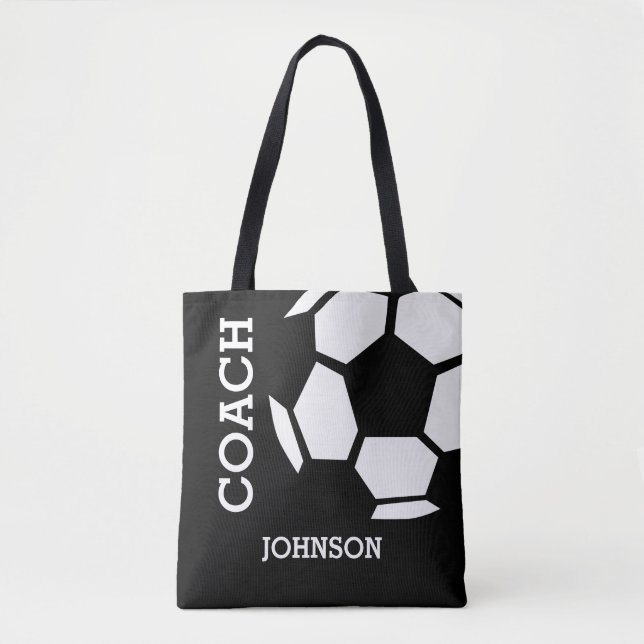 Soccer Coach Personalized Sports Modern Black Tote Bag (Front)
