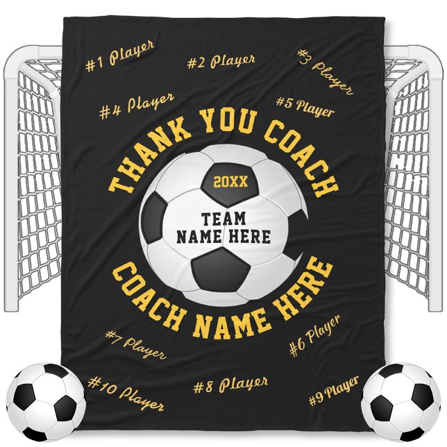 Soccer Coach Present in Your Colors Soccer Blanket (Black and Gold, Personalized, Gifts for Soccer Coaches. Soccer Coach gifts with all Players Names.)