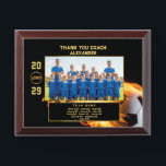 Soccer Coach Thank You Gift with Custom Team Photo Award Plaque<br><div class="desc">Celebrate your soccer coach’s dedication with this bold custom plaque featuring a fiery soccer ball design and a framed team photo. The layout includes editable fields for the coach’s name, team name, logo, and player list—making it a heartfelt keepsake. Perfect as an end-of-season thank-you, senior night tribute, or personalized gift...</div>