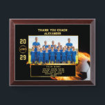 Soccer Coach Thank You Gift with Custom Team Photo Award Plaque<br><div class="desc">Celebrate your soccer coach’s dedication with this bold custom plaque featuring a fiery soccer ball design and a framed team photo. The layout includes editable fields for the coach’s name, team name, logo, and player list—making it a heartfelt keepsake. Perfect as an end-of-season thank-you, senior night tribute, or personalized gift...</div>