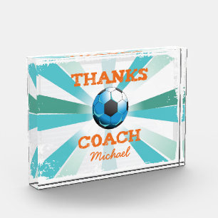 Soccer Coach Thanks, Orange on Teal, Blue Starburs Award