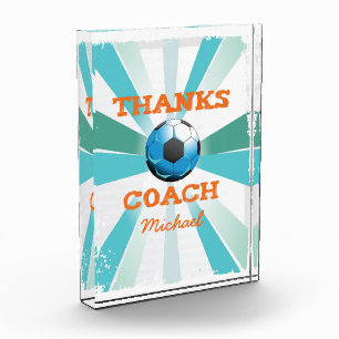 Soccer Coach Thanks, Orange on Teal, Blue Starburs Award