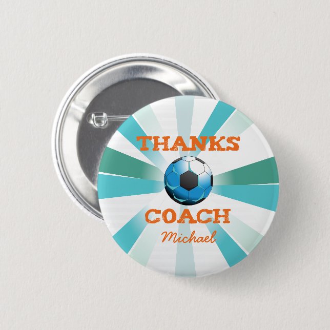 Soccer Coach Thanks, Orange on Teal, Blue Starburs Button (Front & Back)
