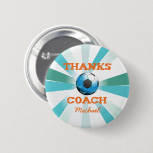Soccer Coach Thanks, Orange on Teal, Blue Starburs Button