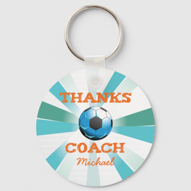 Soccer Coach Thanks, Orange on Teal, Blue Starburs Keychain (Front)