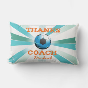 Soccer Coach Thanks, Orange on Teal, Blue Starburs Lumbar Pillow