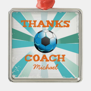 Soccer Coach Thanks, Orange on Teal, Blue Starburs Metal Ornament