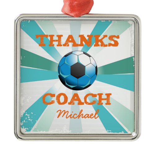 Soccer Coach Thanks, Orange on Teal, Blue Starburs Metal Ornament
