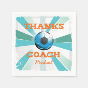 Soccer Coach Thanks, Orange on Teal, Blue Starburs Paper Napkins