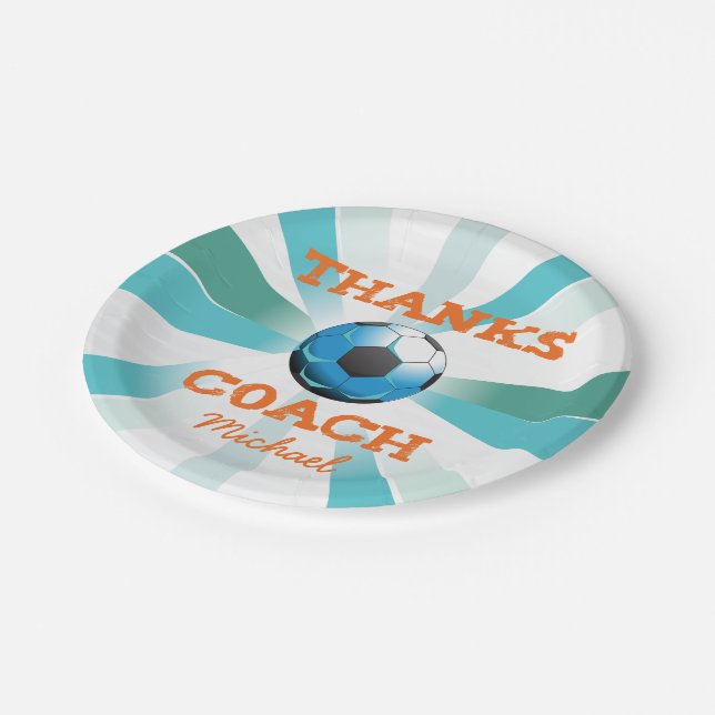 Soccer Coach Thanks, Orange on Teal, Blue Starburs Paper Plates (Angled)