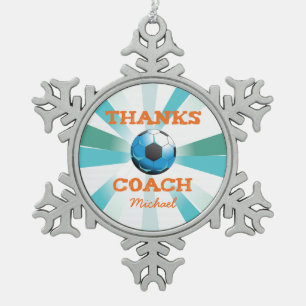Soccer Coach Thanks, Orange on Teal, Blue Starburs Snowflake Pewter Christmas Ornament