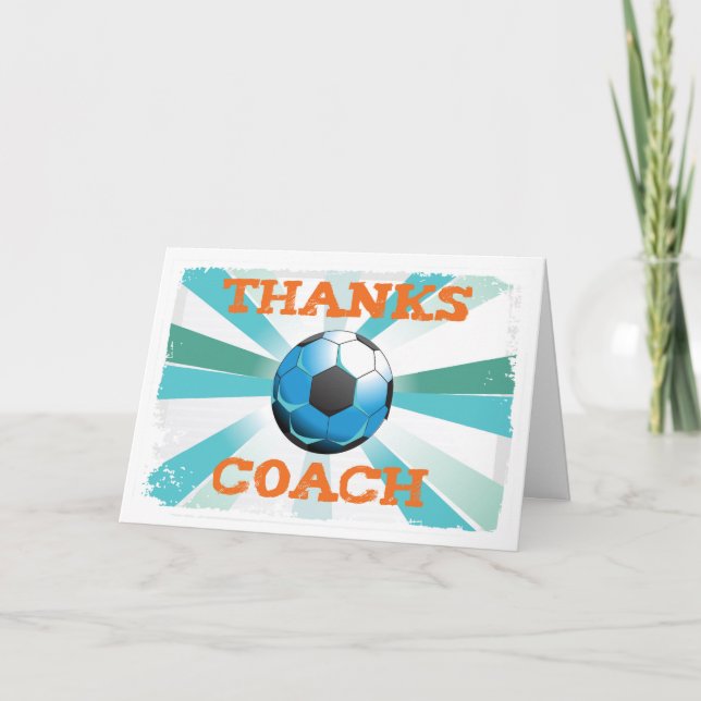 Soccer Coach Thanks, Orange on Teal, Blue Starburs Thank You Card (Front)