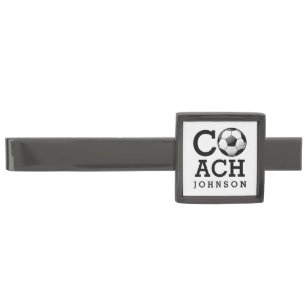 Soccer Custom Name Coach Tiebar Gunmetal Finish Tie Clip