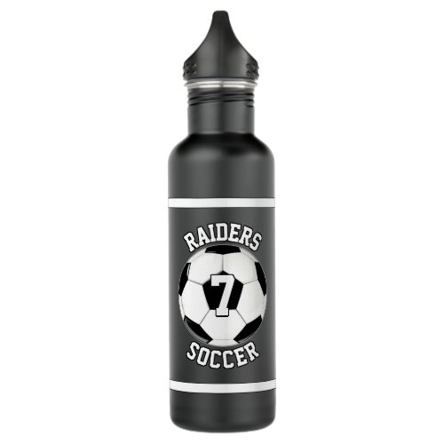 Soccer Custom Team Name and Player Number Black Stainless Steel Water Bottle