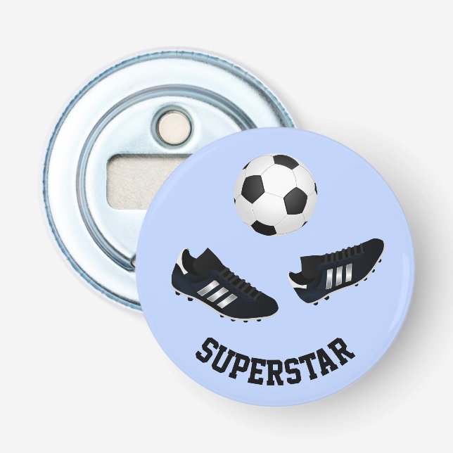 Soccer custom text blue bottle opener (Front)