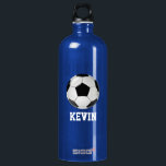 Soccer Custom Water Bottle<br><div class="desc">Great looking aluminum water bottle, with graphics of black and white soccer balls, in the middle. Custom what text, on the front, is ready to personalize for yourself or for your favorite soccer fan or player. Select the size and color bottle you prefer.</div>