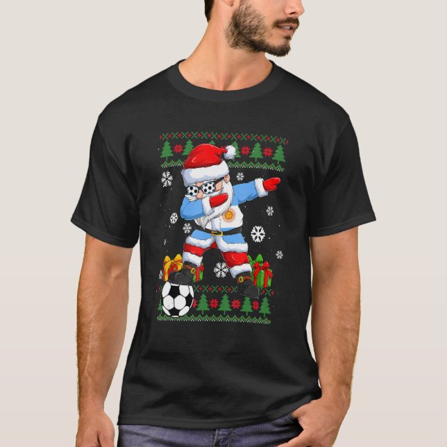 Soccer Dabbing Santa Argentina Flag Ugly Christmas T-Shirt (Front)