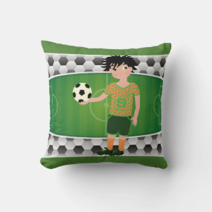 Soccer Field And Balls With Boy Holding Ball Throw Pillow
