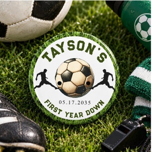 Soccer First Year Down 1st Birthday Button