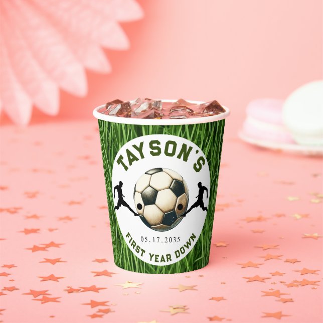 Soccer First Year Down 1st Birthday Paper Cups (Insitu)