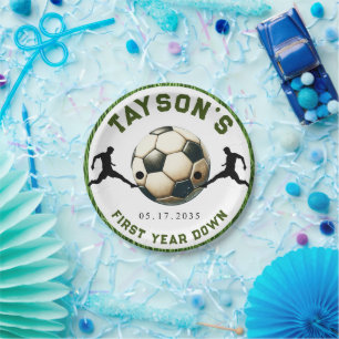 Soccer First Year Down 1st Birthday Paper Plates