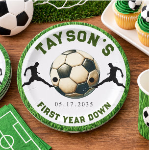 Soccer First Year Down 1st Birthday Paper Plates