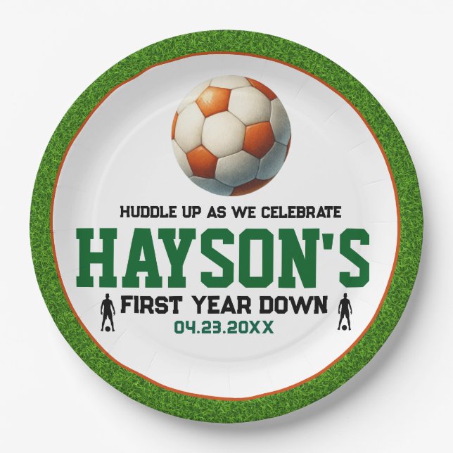 Soccer First Year Down 1st Birthday Party Paper Plates (Front)