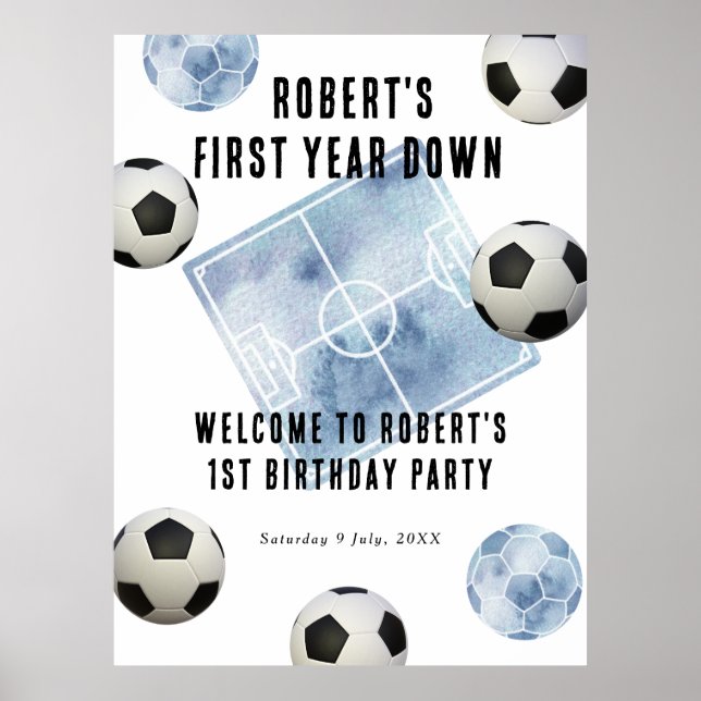 Soccer First Year Down 1st Birthday Party Poster (Front)