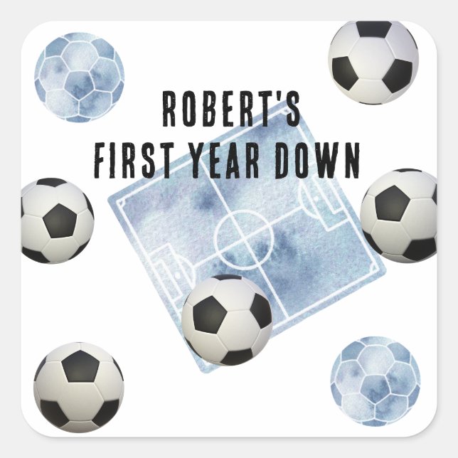 Soccer First Year Down Birthday Party Square Sticker (Front)