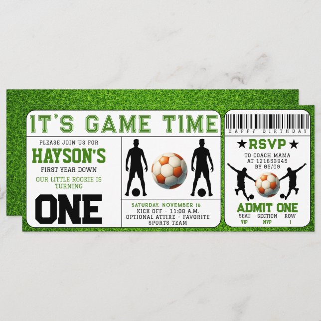 soccer First Year Down Ticket 1st Birthday  Invitation (Front/Back)