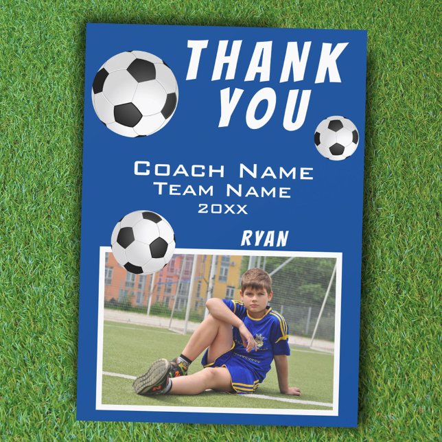 Soccer Football Ball Blue Sports Coach Thank You Card (Creator Uploaded)