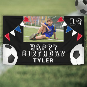 Soccer Football Ball Flags Black Photo Birthday Banner