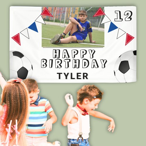 Soccer Football Ball Flags Photo Birthday Party Banner