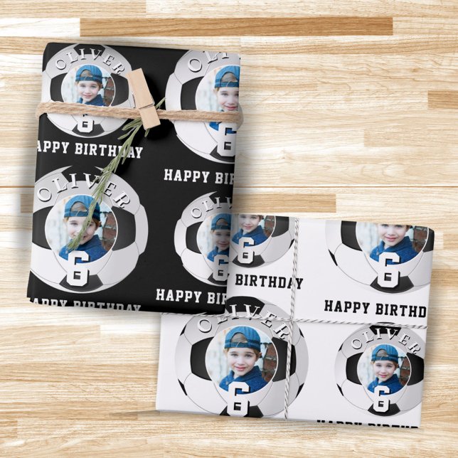 Soccer Football Ball Kids Happy Birthday Age Photo Wrapping Paper Sheets (Creator Uploaded)