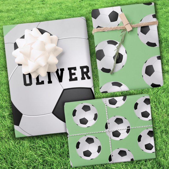 Soccer Football Ball Pattern Kids Name Birthday Wrapping Paper Sheets (Creator Uploaded)