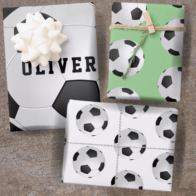 Soccer Football Ball Pattern Kids Name Birthday Wrapping Paper Sheets (Creator Uploaded)