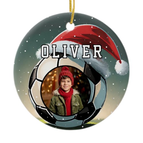 Soccer Football Ball Santa Hat Christmas Photo  Ceramic Ornament