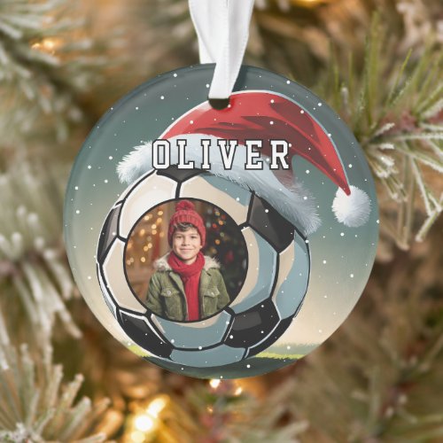 Soccer Football Ball Santa Hat Christmas Photo  Ornament